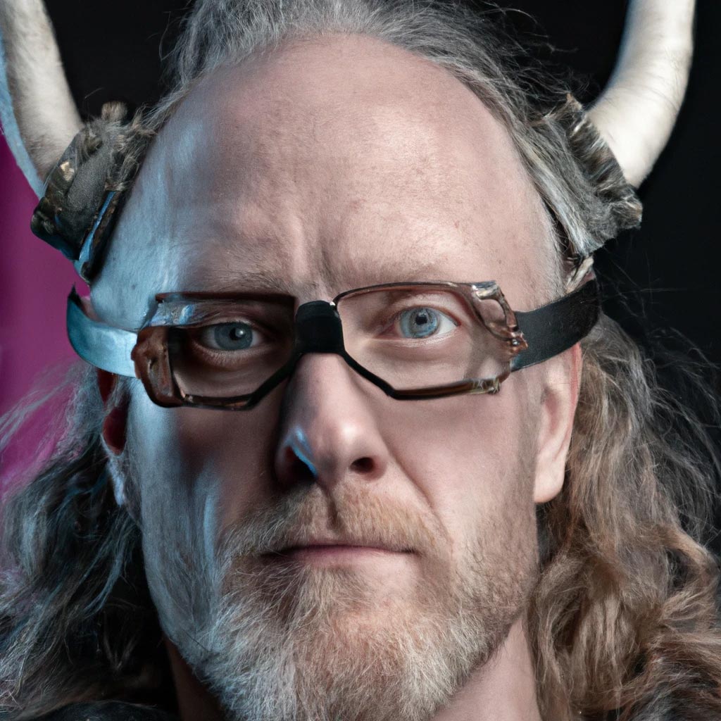 Closeup studio portrait photo of a Viking wearing pink
