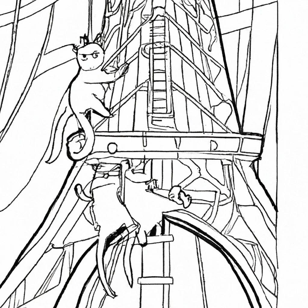 Colouring book page of large cats climbing