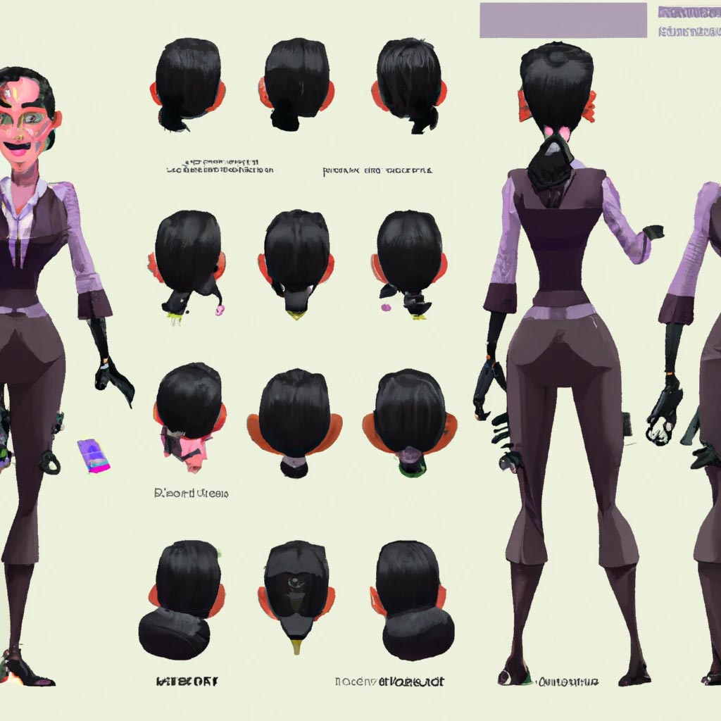 Corporate villainess, pixar character reference model sheet turnaround(showing front,