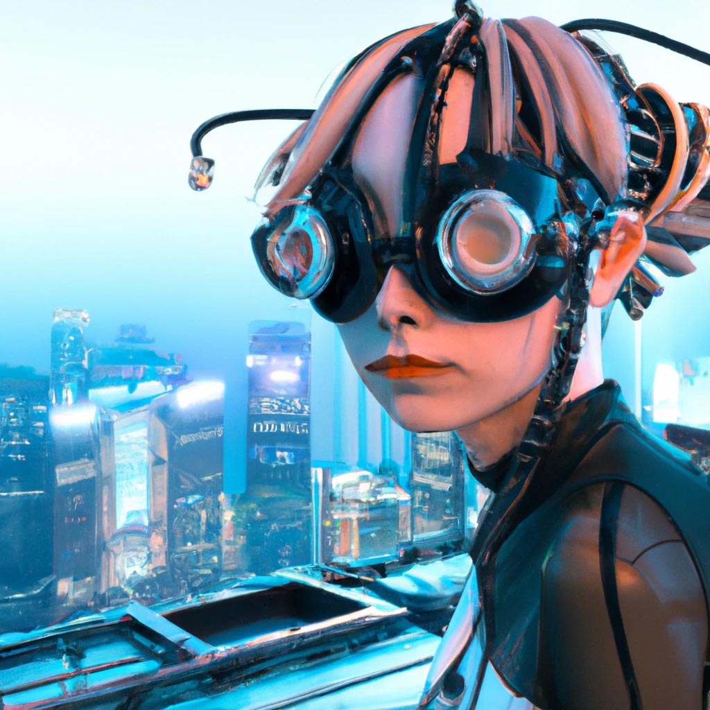 Cyberpunk Girl is Standing at top of Building and