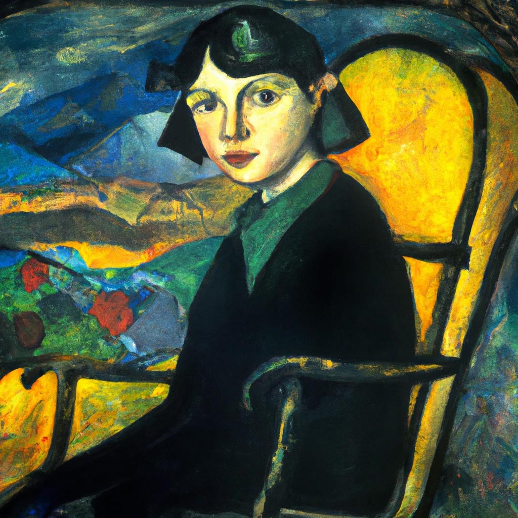 Detailed portrait of a slightly smiling woman sitting in