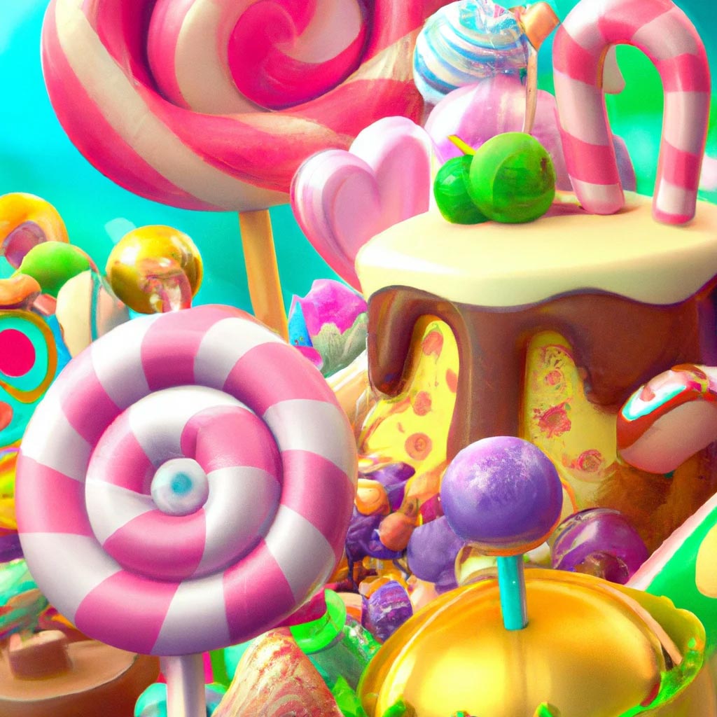 Digital art painting lollipops, sugar plums, cupcakes, ice cream,