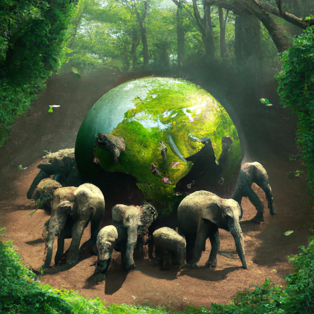 Elephants in a tropical forest carrying a green planet