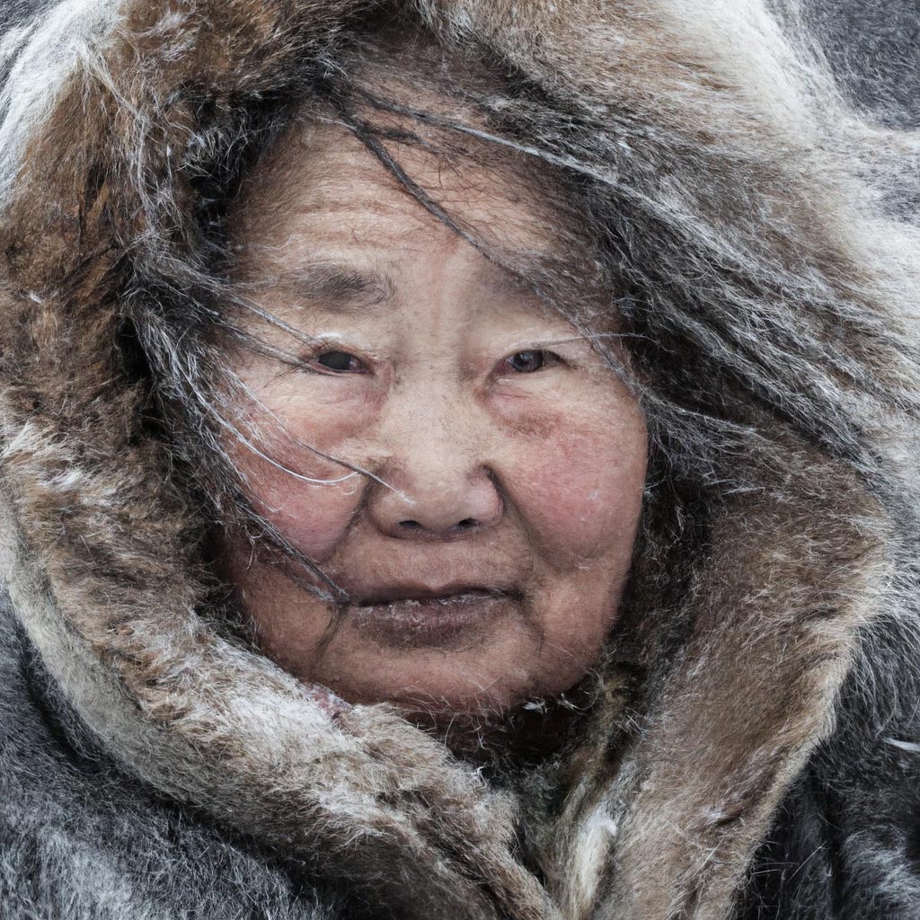 Eskimo old woman portrait in a big wind and