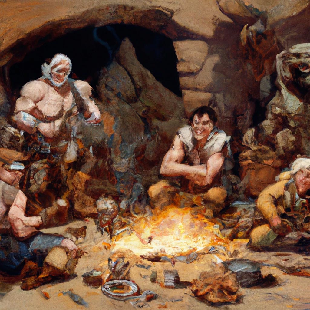 Frank Frazetta fantasy painting of Conan style warriors laughing