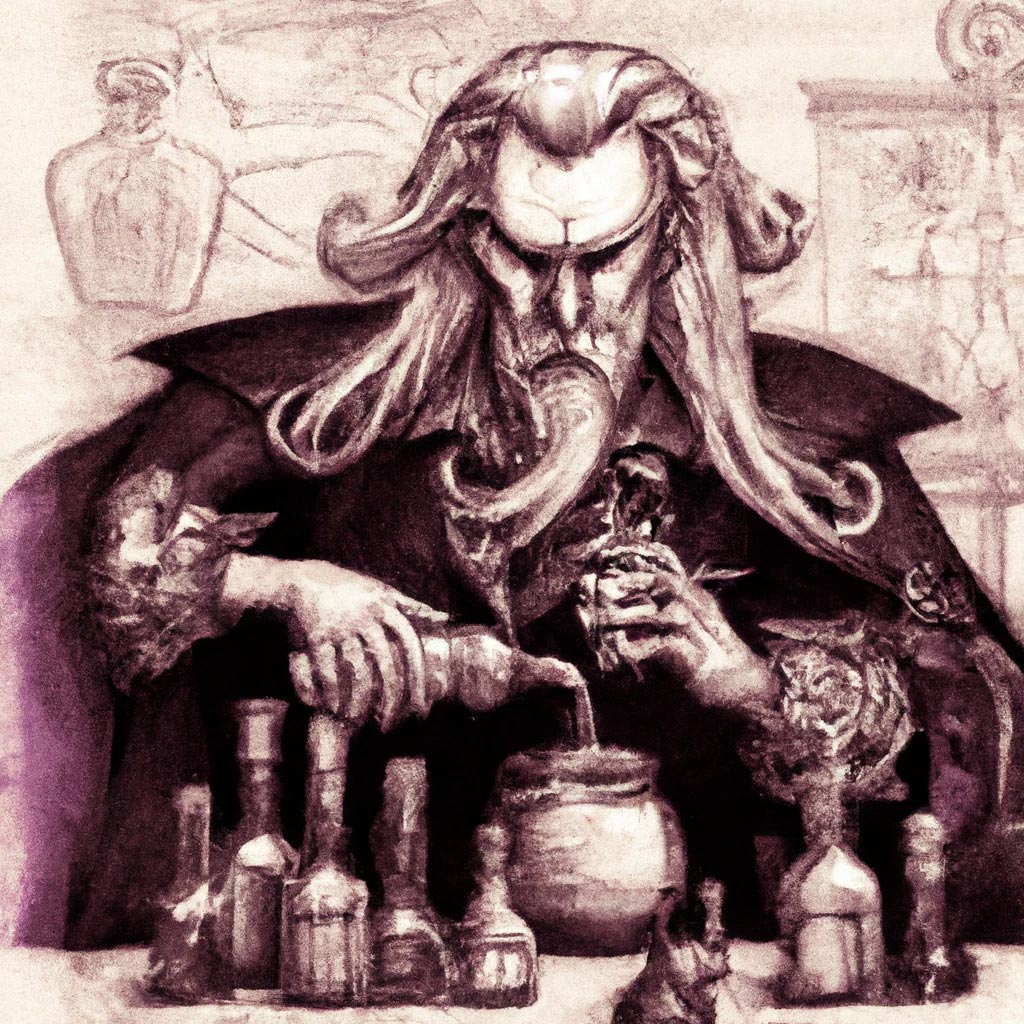 Geralt of rivia brewing potions. detailed lithograph.