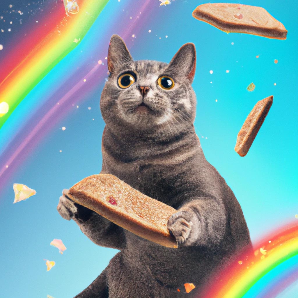 Gray Cat with a poptart flying through