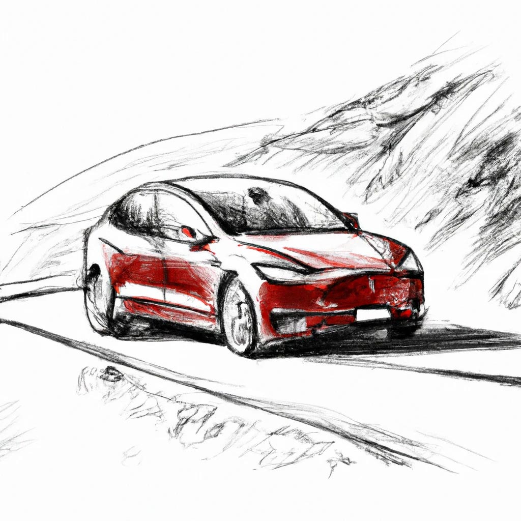 Hand-drawn sketch of a red Tesla Model Y driving
