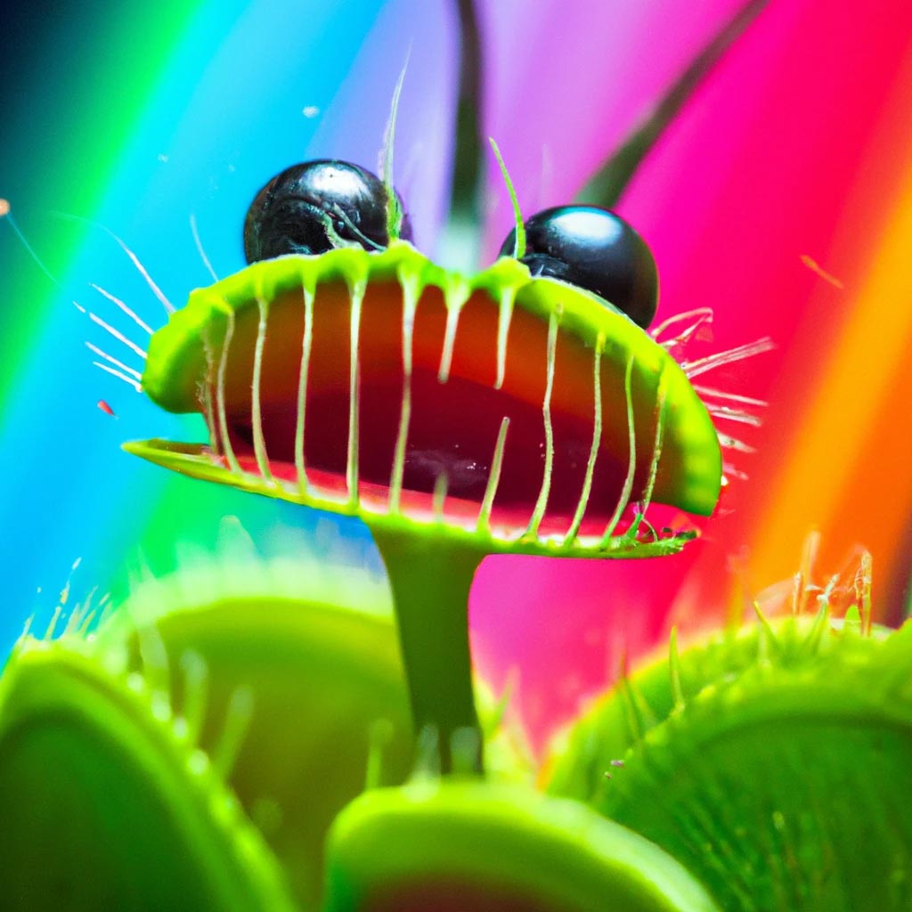 Happy anthropomorphic venus flytrap, studio, portrait, rainbow
