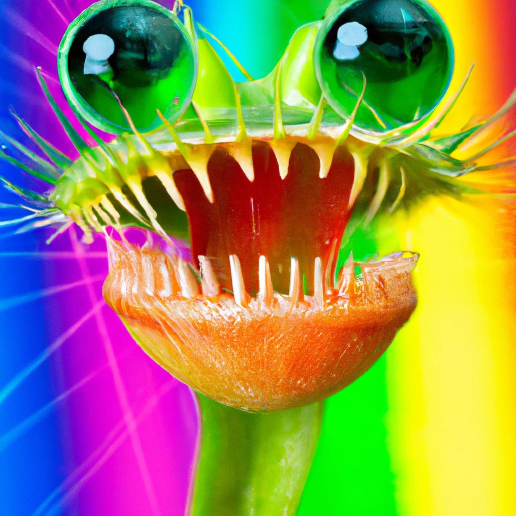 Joyful anthropomorphic venus flytrap, studio, portrait, rainbow
