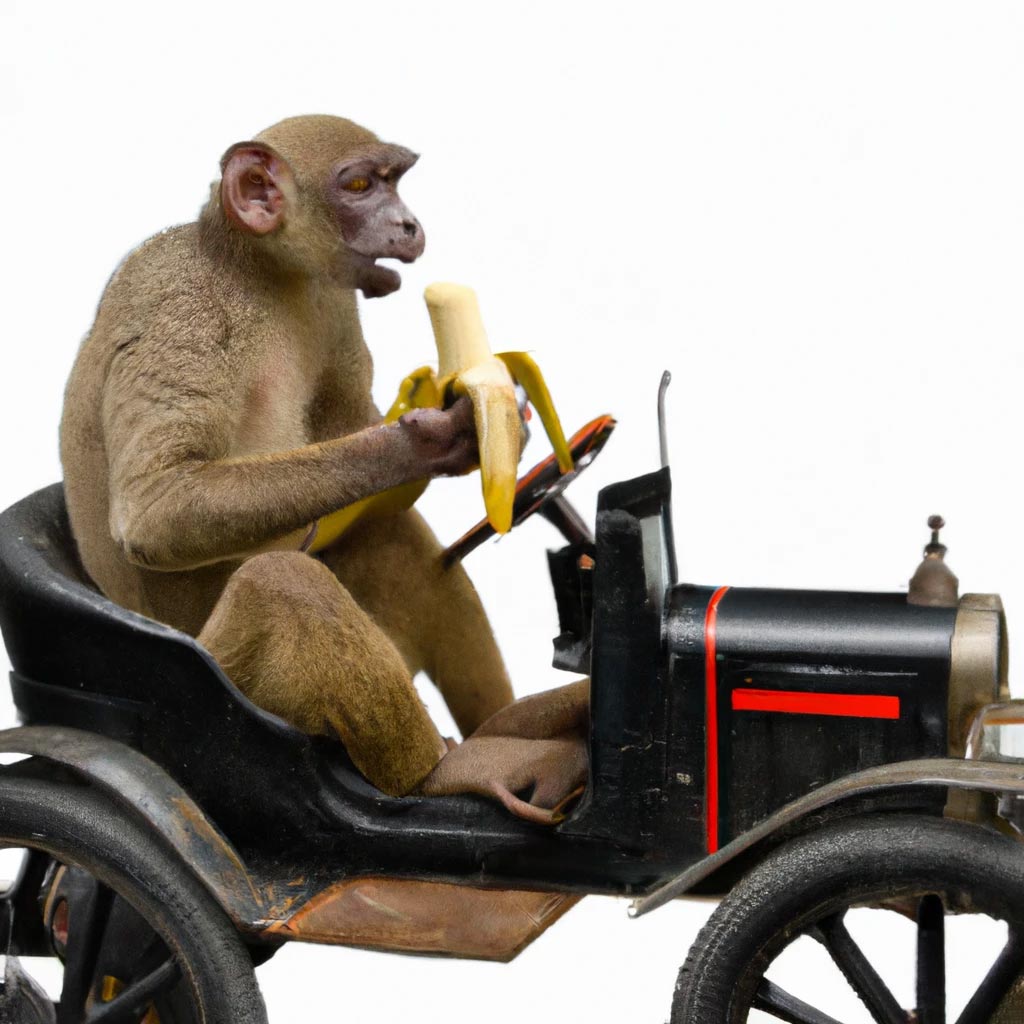 Monkey eating a banana while driving a model-t ford