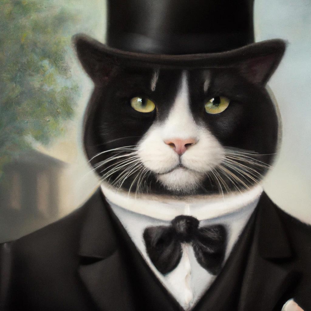 Oil portrait painting of a chonky black cat wearing