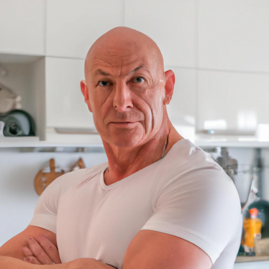 Portrait in bright modern kitchen of a muscular bald