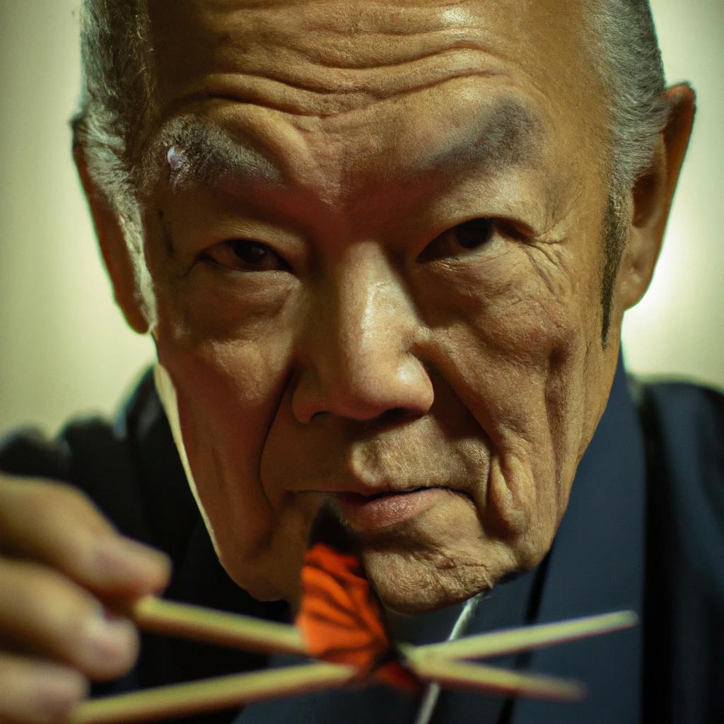 Portrait of an old samurai showing a butterfly trapped