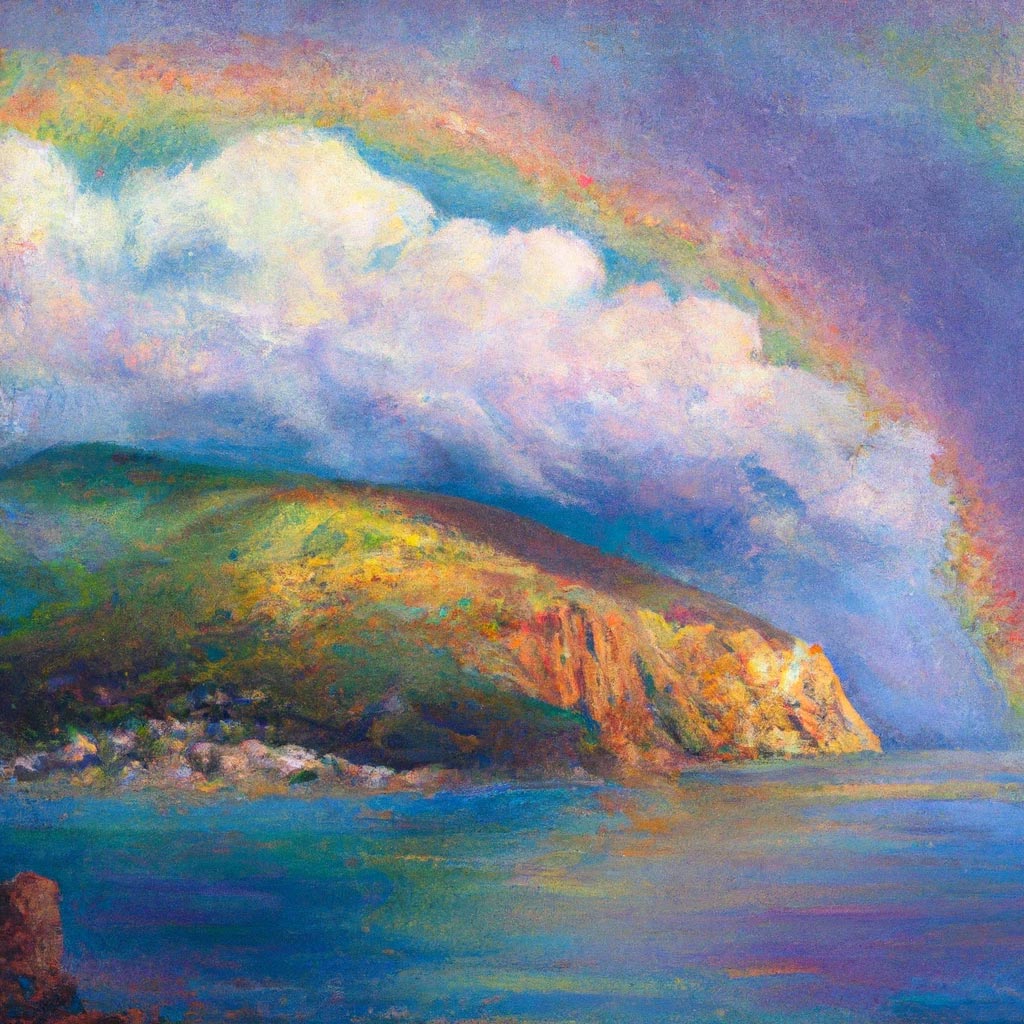 Rainbow over Avalon, classic oil painting