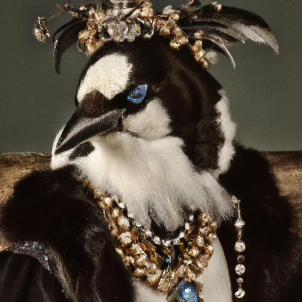 Renaissance portrait of a magpie wearing a