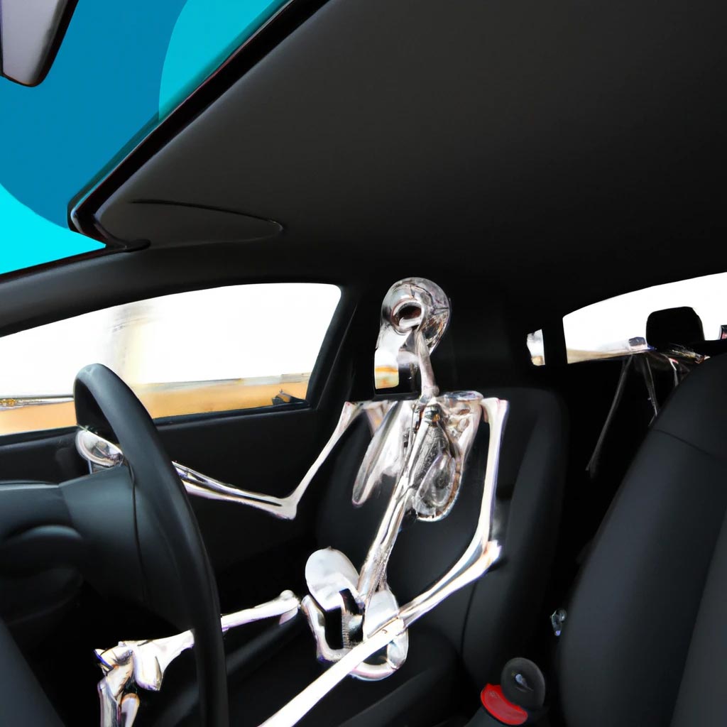 Skeleton driving a self driving tesla in