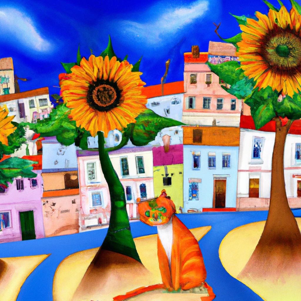 Sunflowers with cats in blue trees and