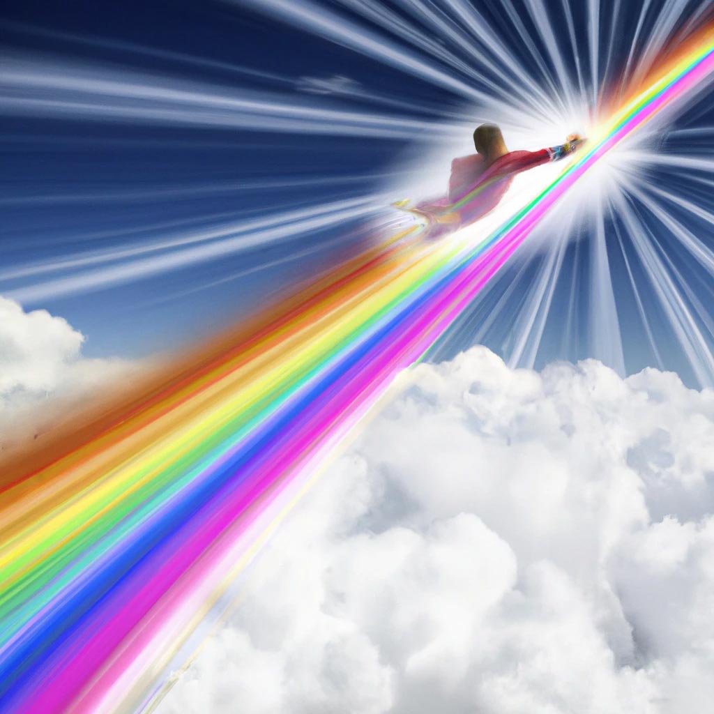 Super human light speed over clouds and rainbow