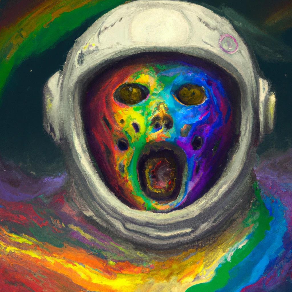 “The Scream” by Edvard Munch, in a spacesuit, rainbow