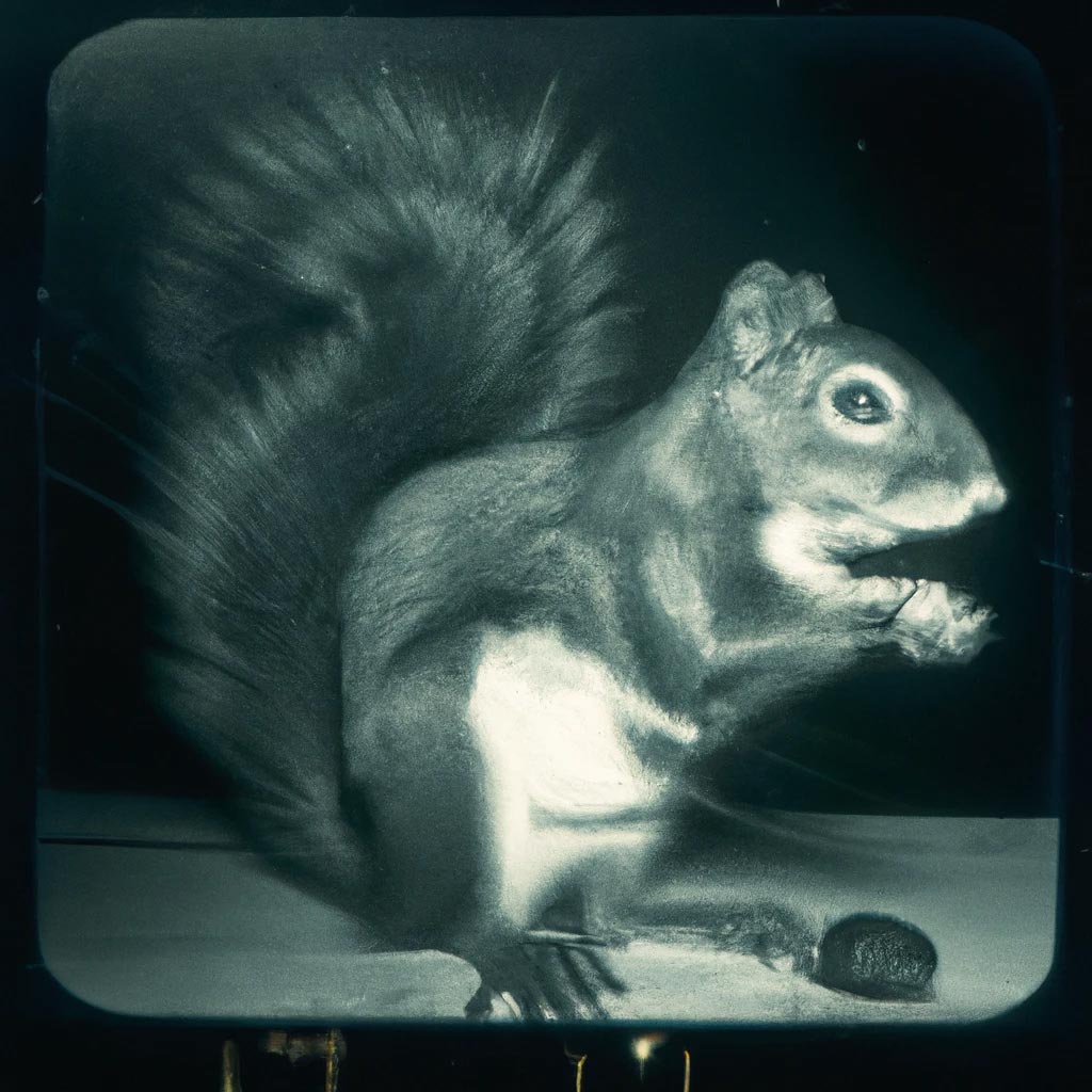 Tintype Portrait of a zombie squirrel collecting acorns detailed,