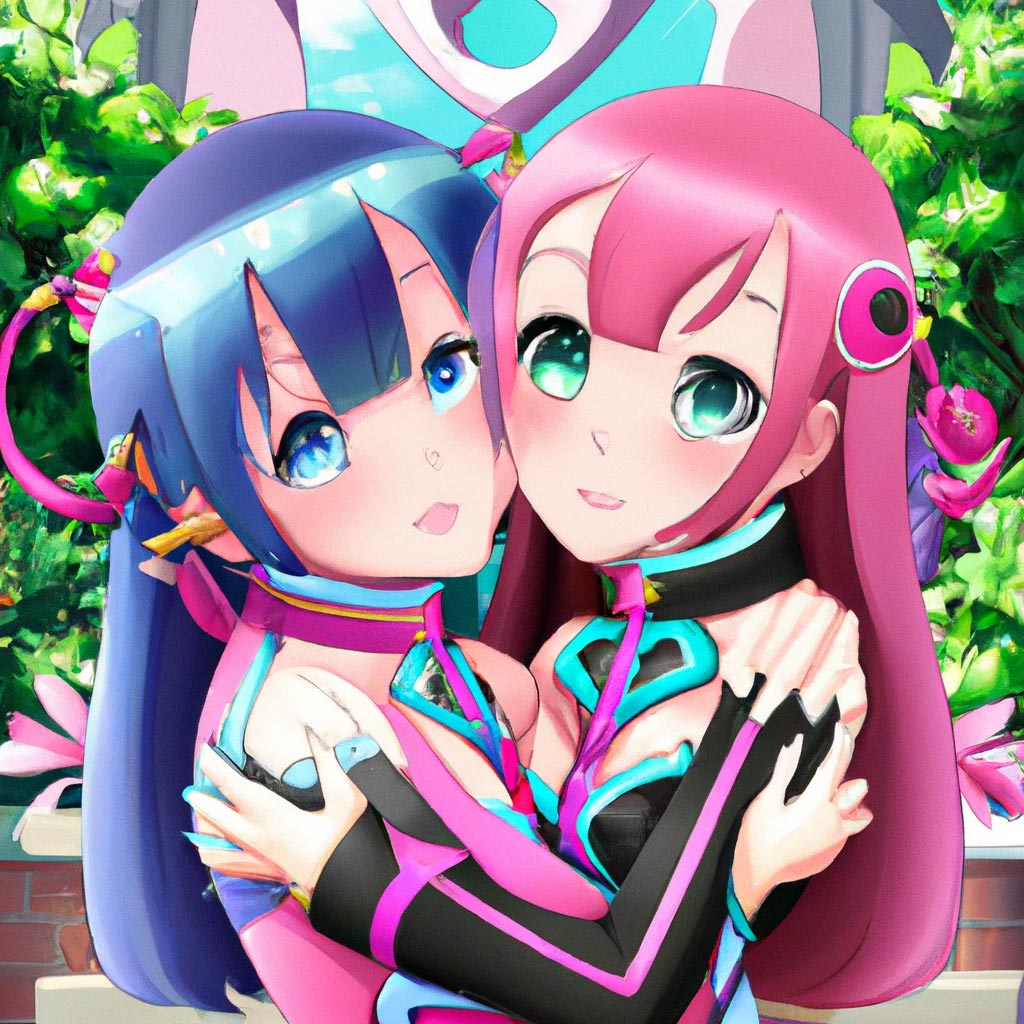 Two beautiful futanari anime girls from Idolmaster are hugging