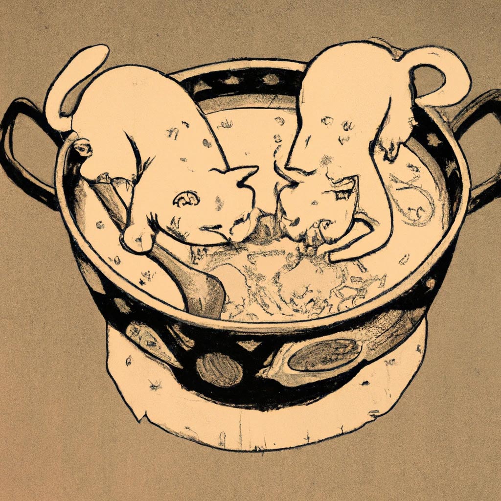 Two cats cooking soup in a big bowl, ukiyo-e