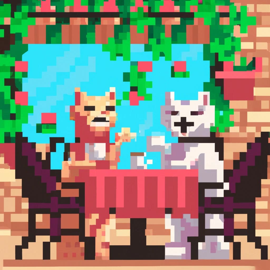 Two cats drinking coffee at an outdoor