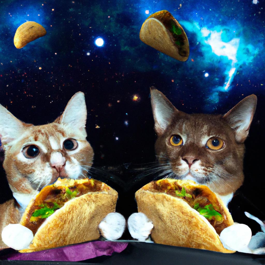 Two cats eating tacos in space.