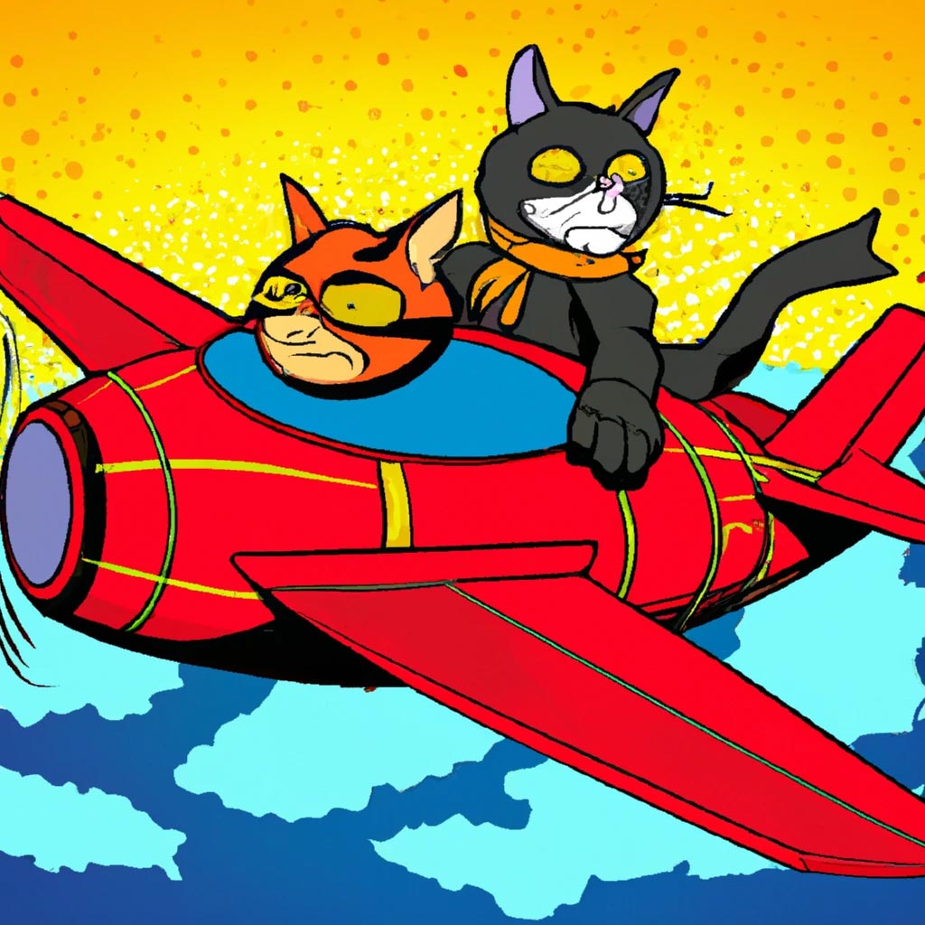 Two cats riding a flighter jet in comic book style