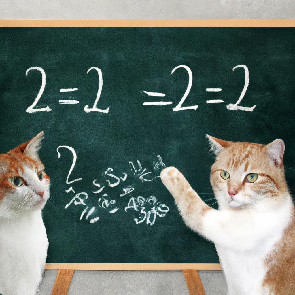 Two scientist cats discussing on a blackboard