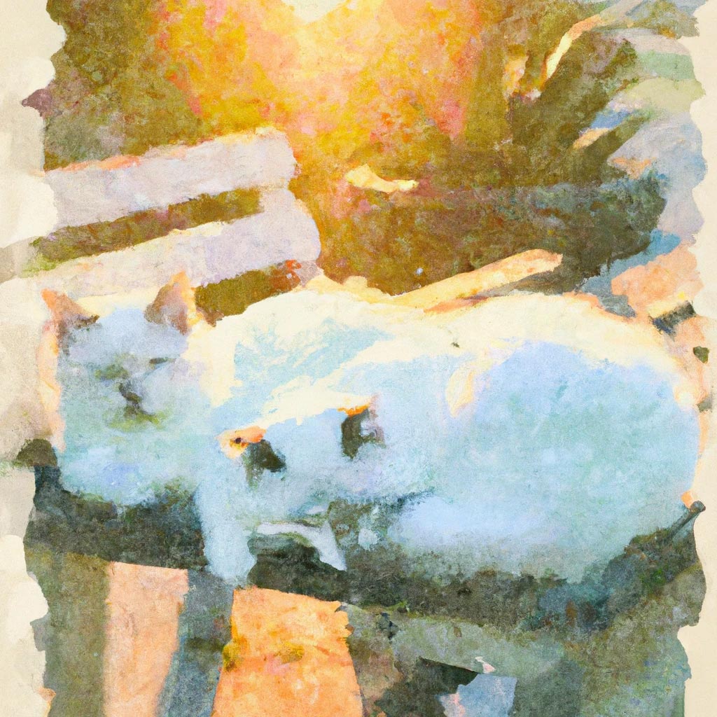 Two white cats sleeping on top of a wooden