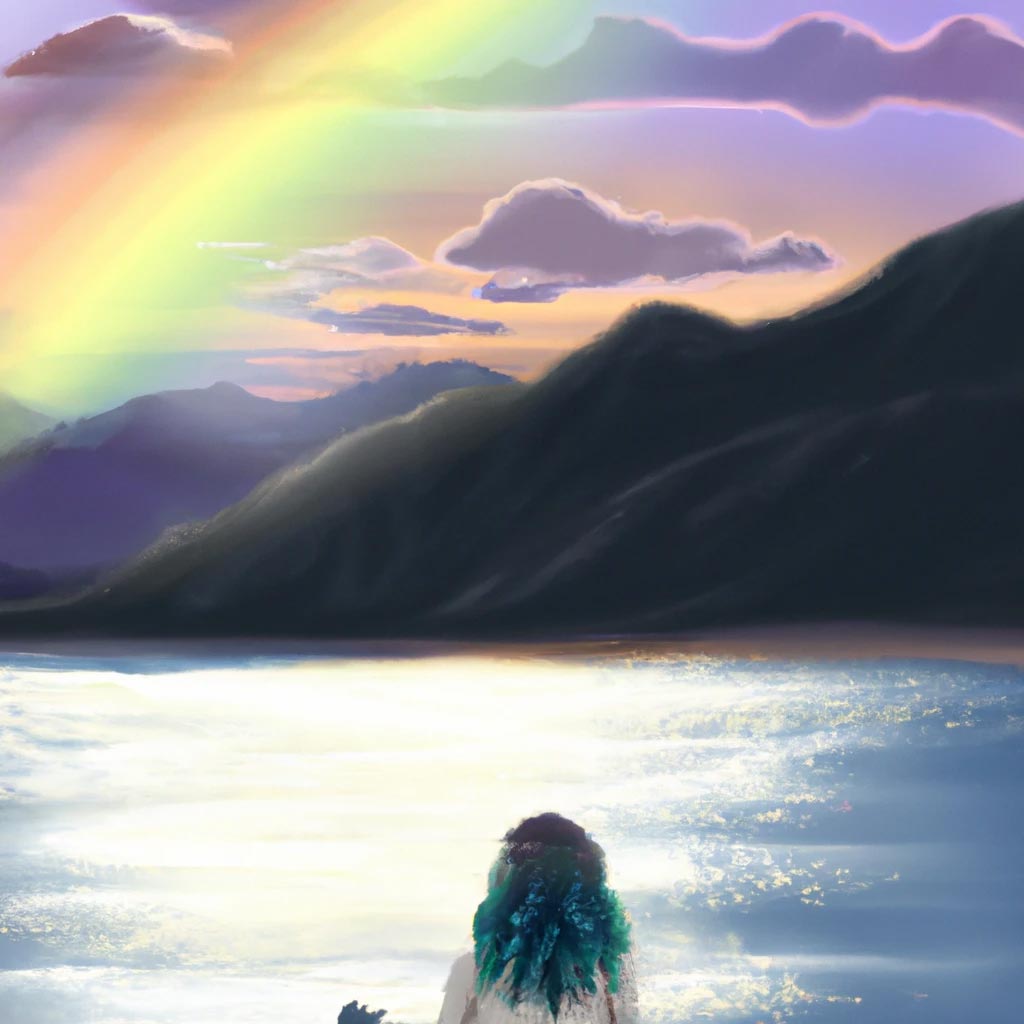 Woman with curly hair and rainbow ambience glow sitting