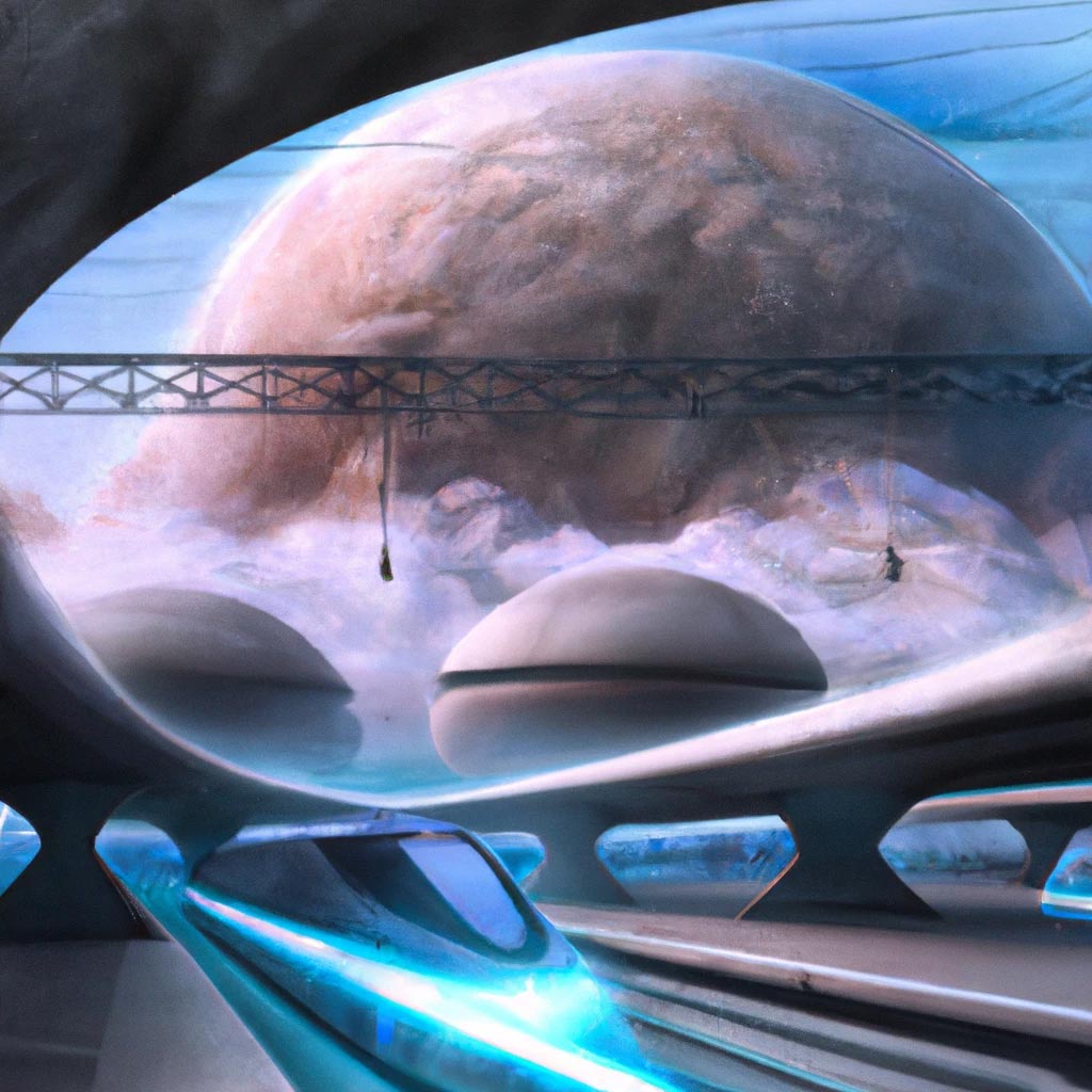 a futuristic station of a high-speed train between two