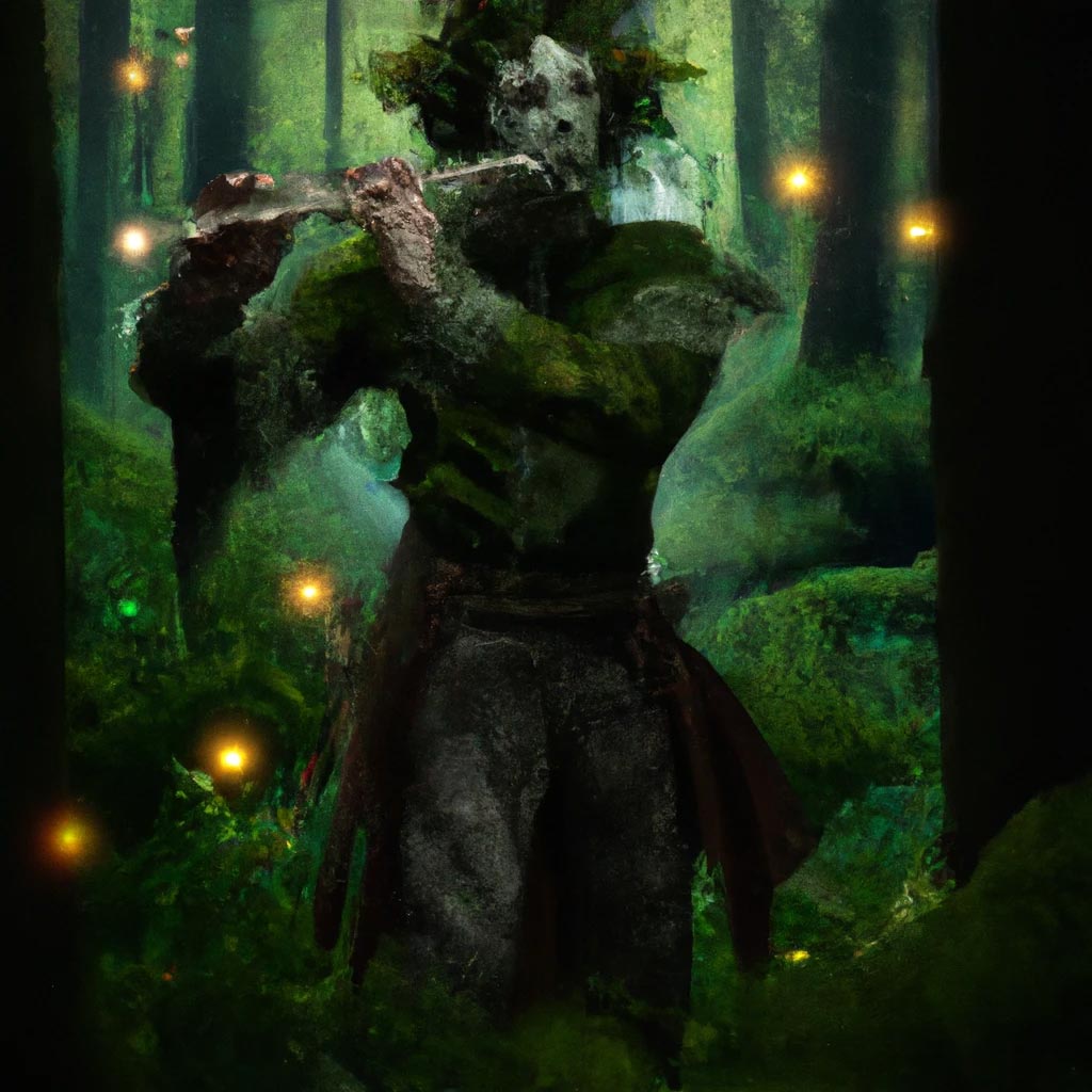a male satyr playing a magical flute and dancing