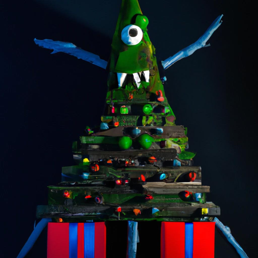 a mounstrous christmas tree on stop motion art in