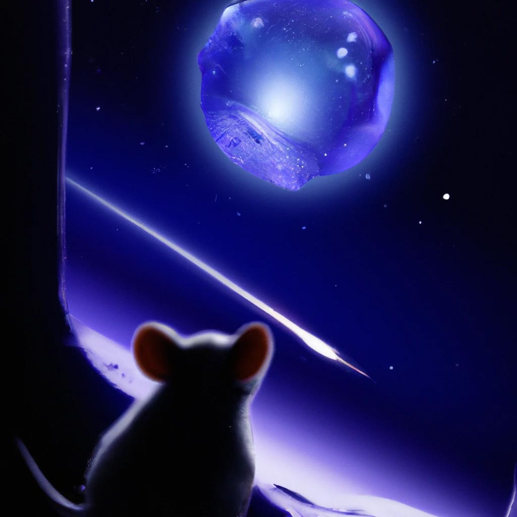 a mouse in space. the mouse gazing out of