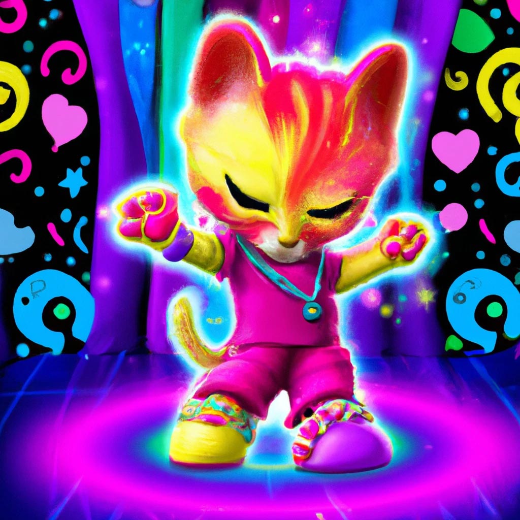 a rainbow kitten dancing at an 80s disco