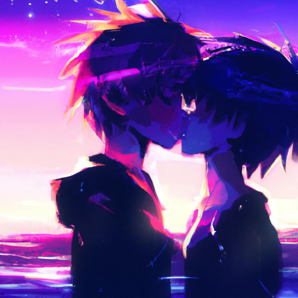 a synthwave style digital art of two cute animeboys