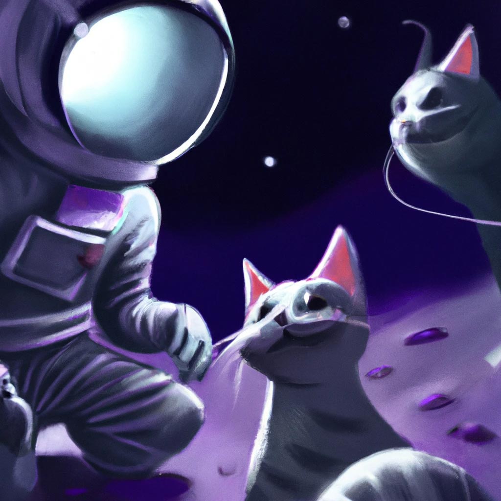 an astronaut talking to alien cats in