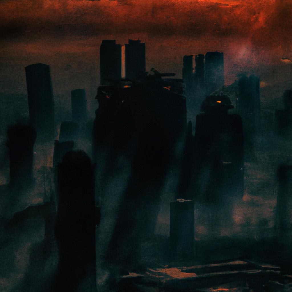 blade Runner city, fires and smog burning before a