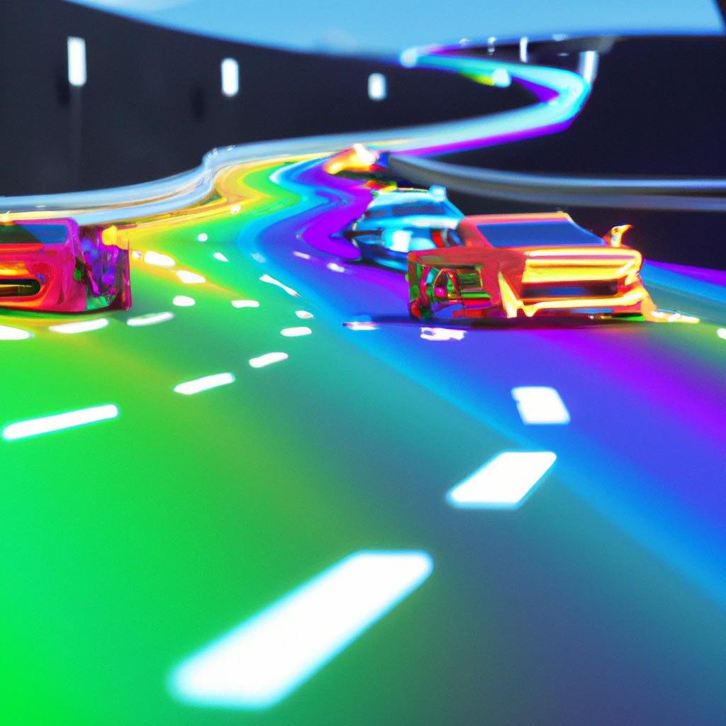 cars driving on rainbow road, unreal engine