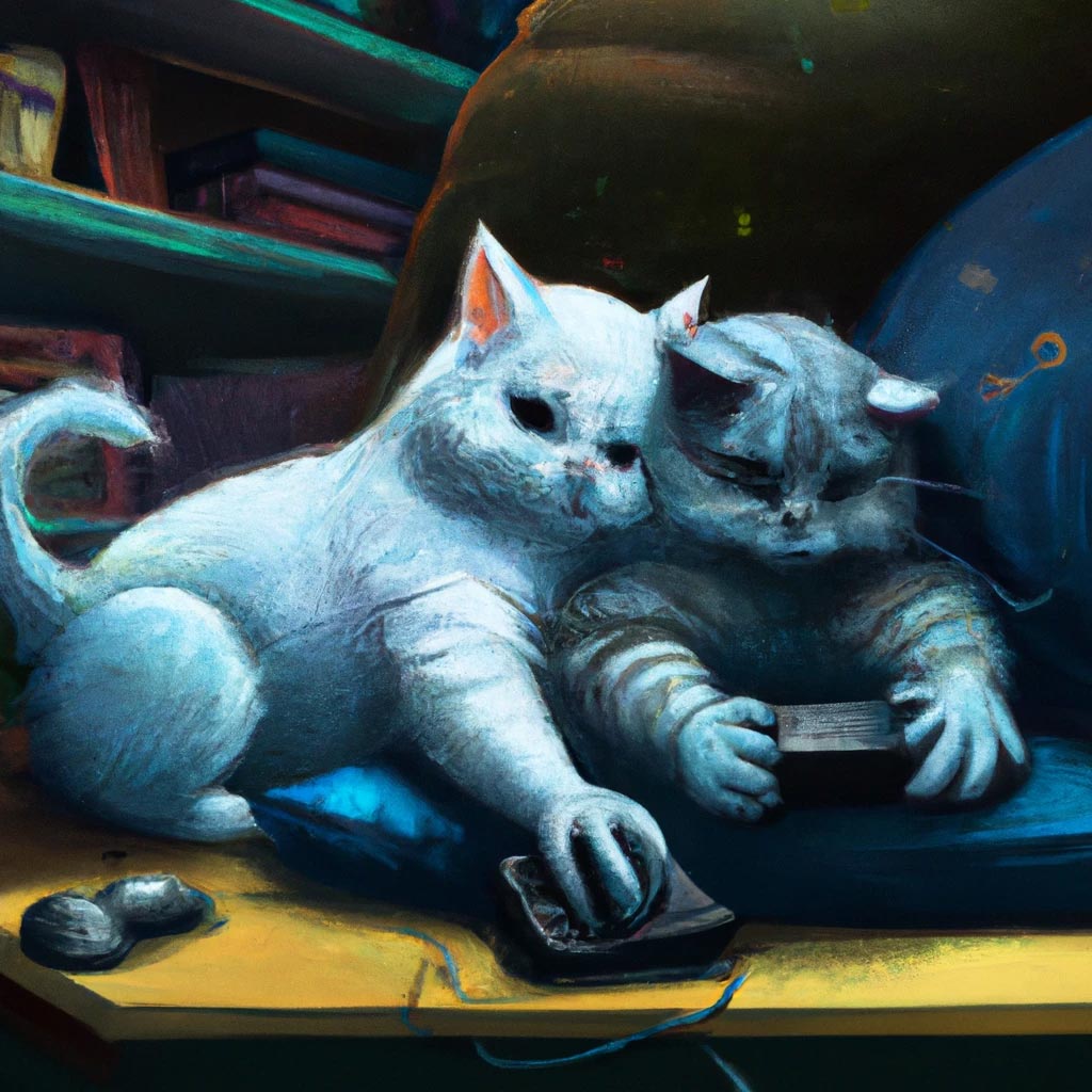 cats playing video games, digital art