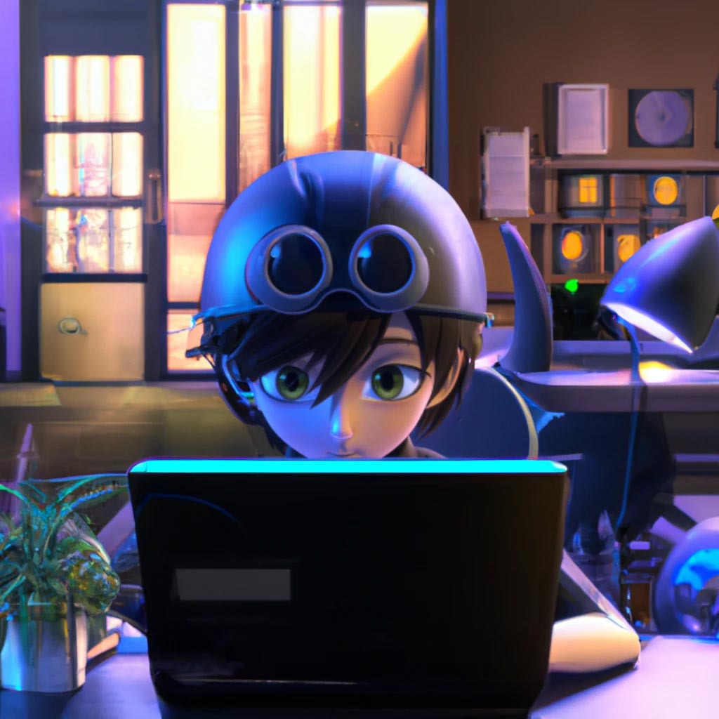 cute anime hacker sitting behind a laptop, brown hair.