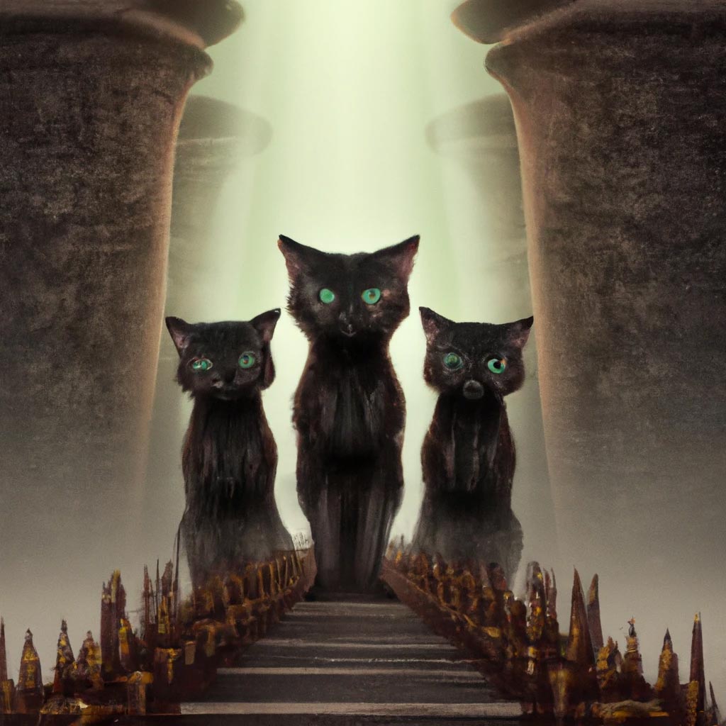 cute black cats as the three judges in Hades