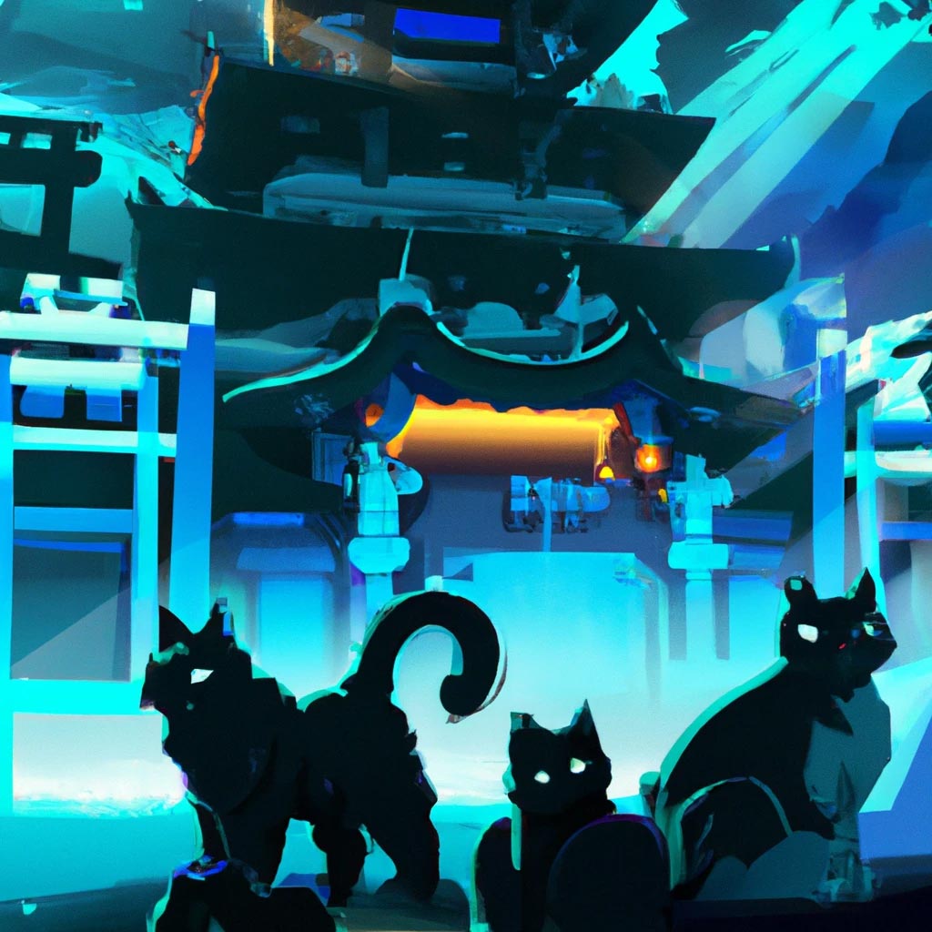 cyberpunk temple and many cats