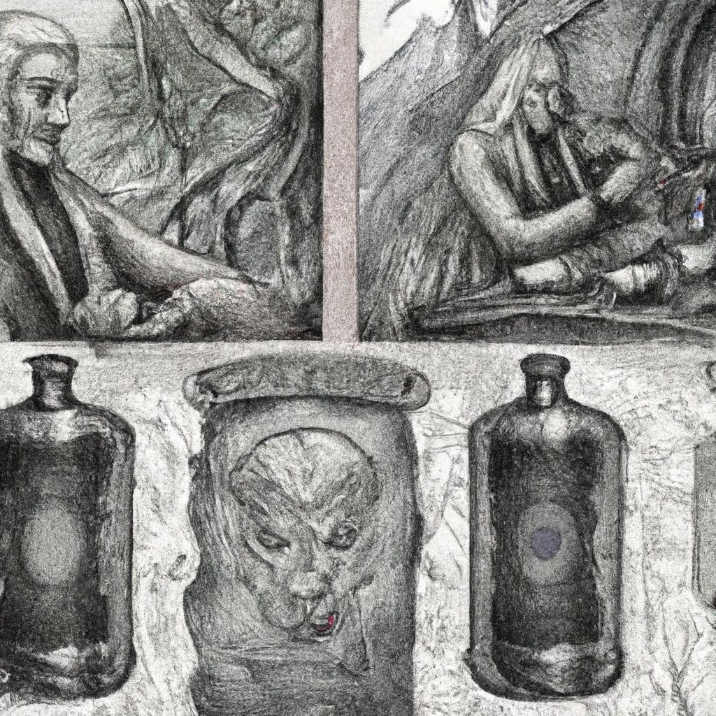 detailed lithograph triptych of Geralt of rivia brewing potions
