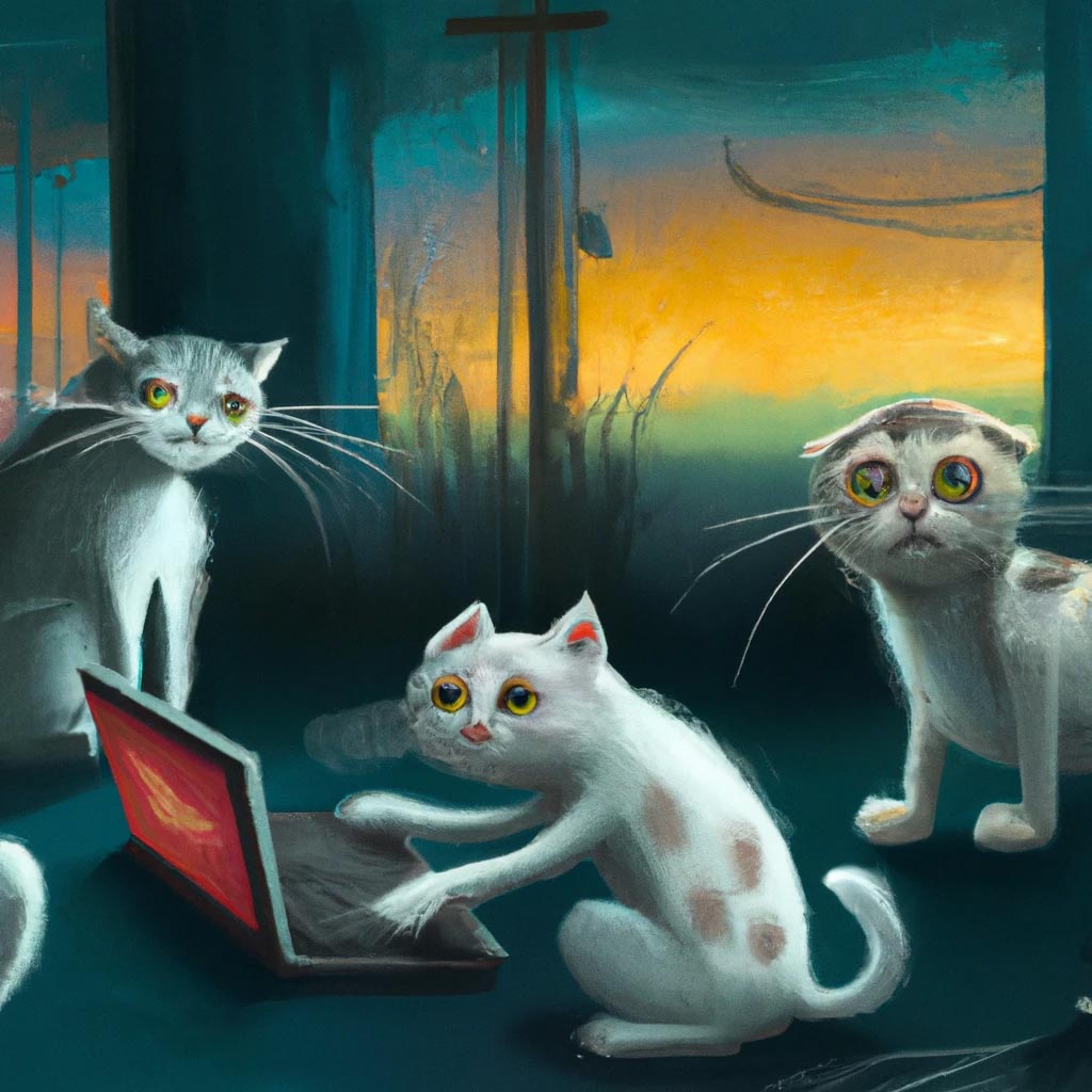 four cats controlling the internet, digital art