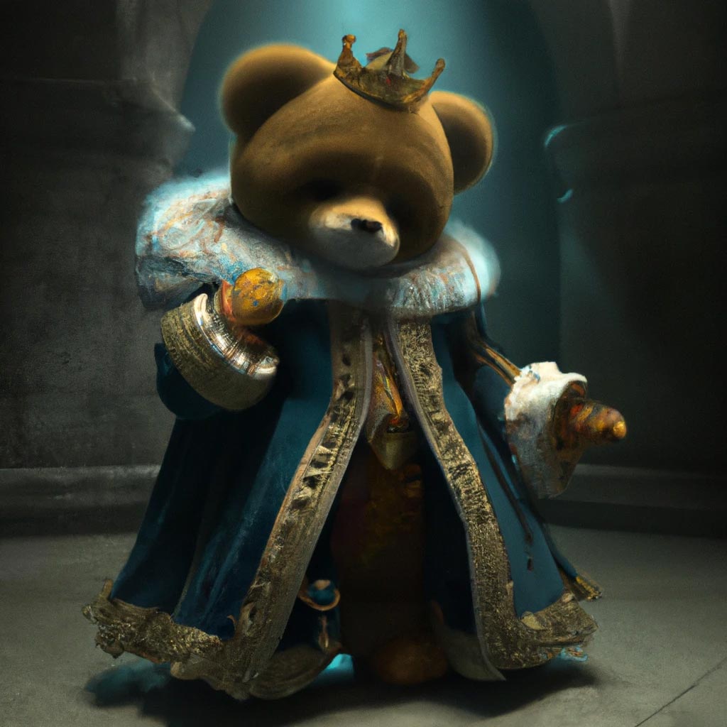 full body portrait of a teddy bear wearing royal