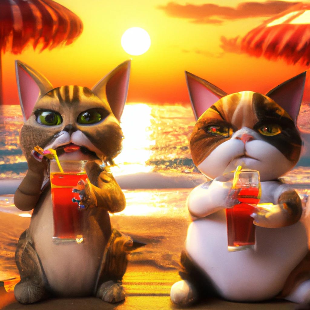 happy cute cats drinking a cocktail on the beach